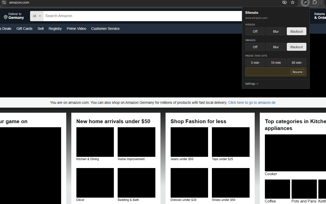 Amazon product listings with images blacked out by Silenzio