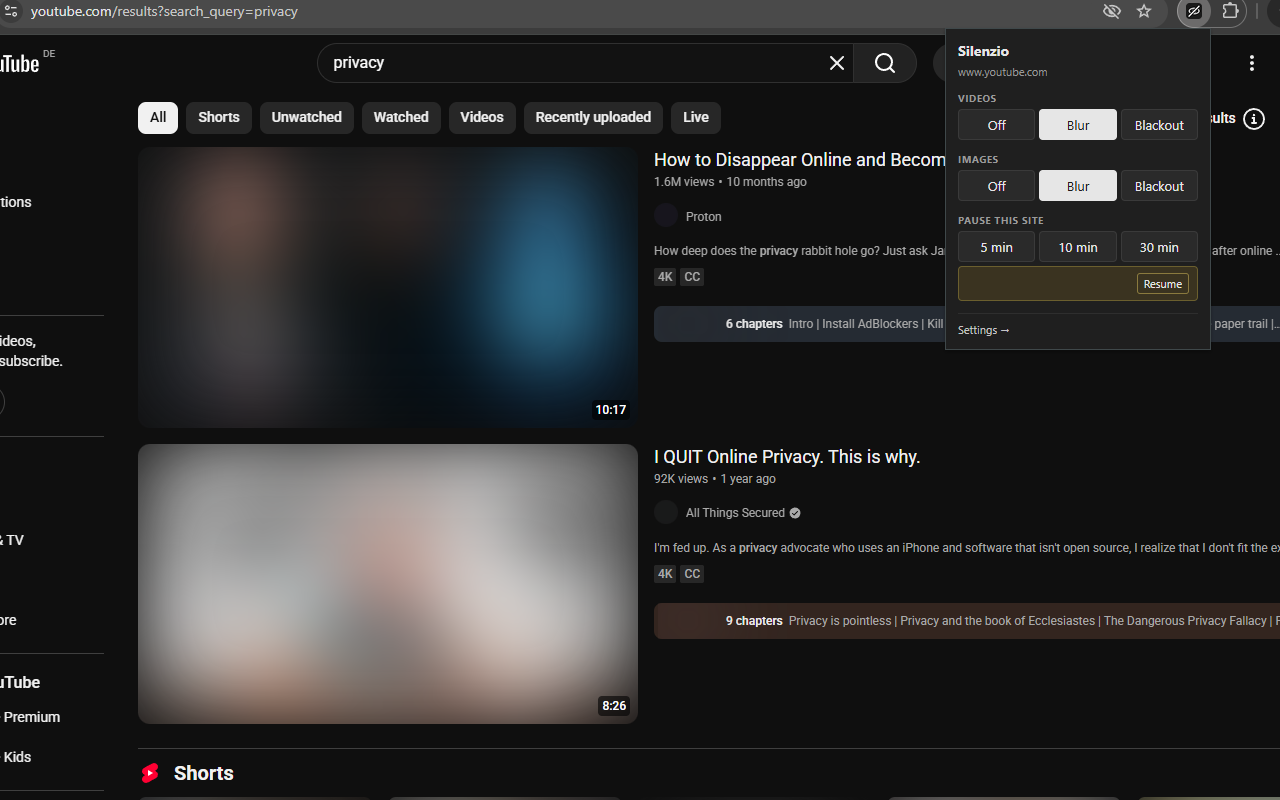YouTube search results with video thumbnails blurred; Silenzio popup open showing per-type mode controls and pause buttons